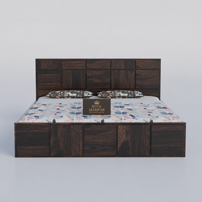 Royal Marwar Sheesham Wood Bed with Storage Box | Plain Panel Design | Wooden Double Bed for Bedroom