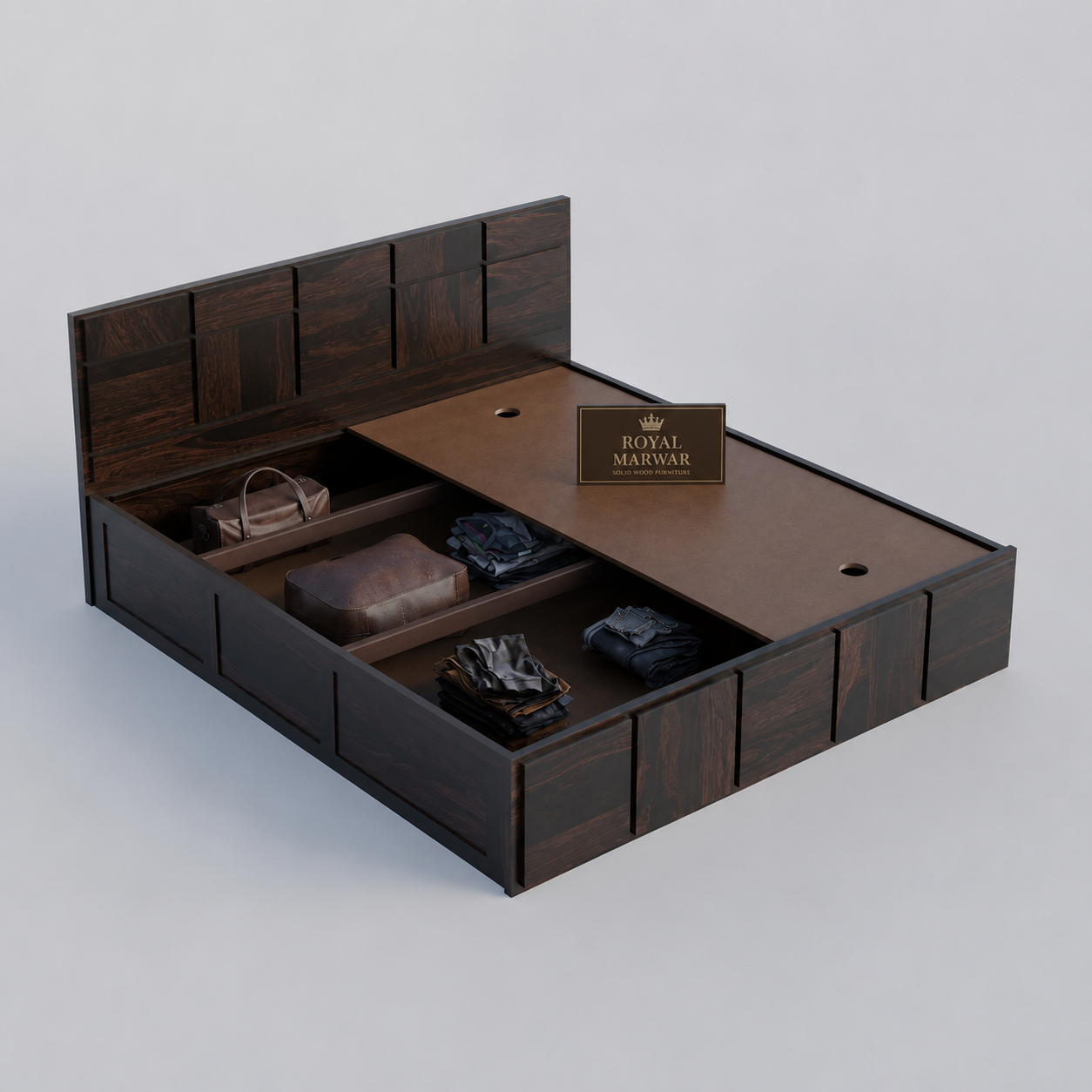 Royal Marwar Sheesham Wood Bed with Storage Box | Plain Panel Design | Wooden Double Bed for Bedroom