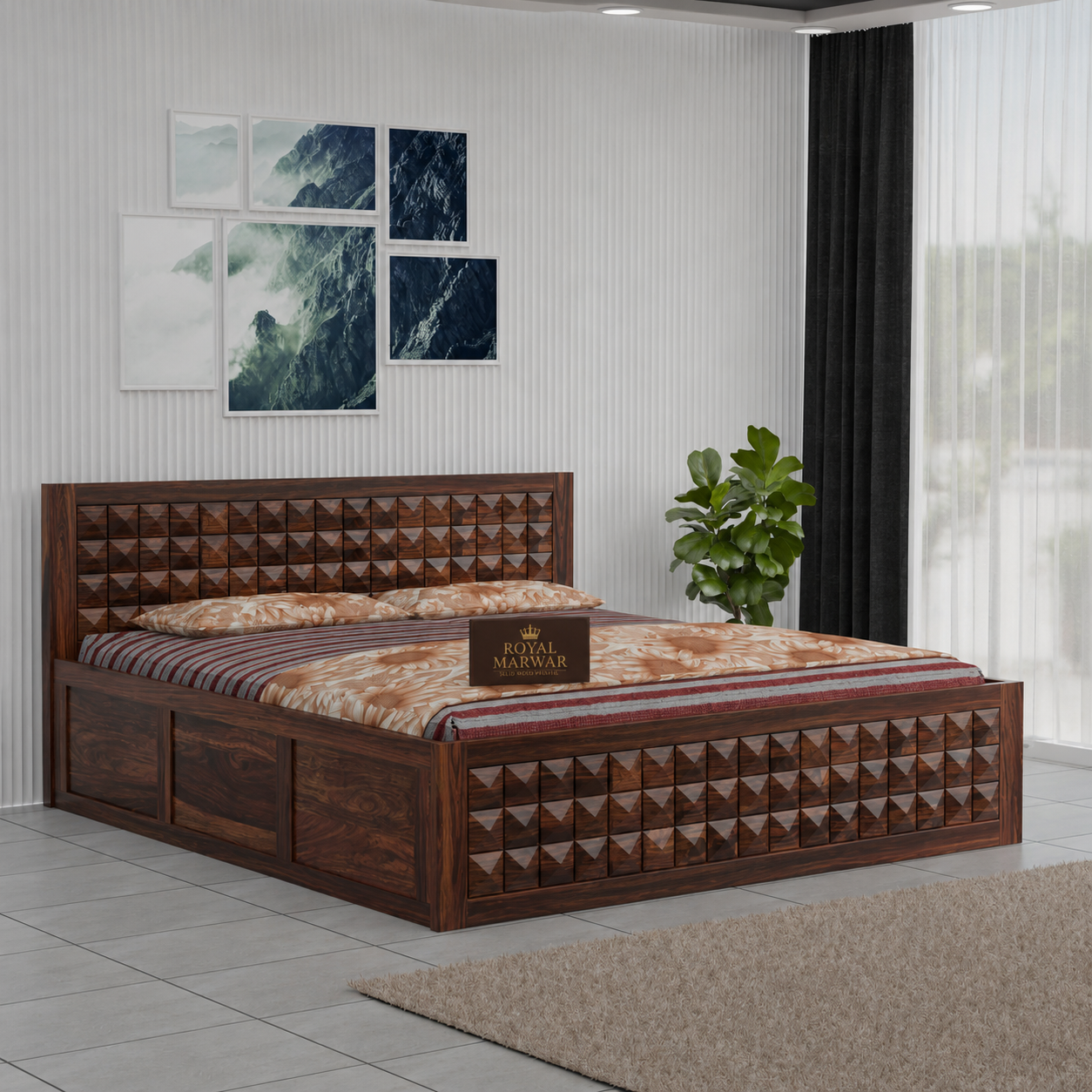 Royal Marwar Sheesham Wood Bed with Storage Box | Diamond Design Headboard | Wooden Double Bed for Bedroom
