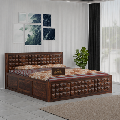 Royal Marwar Sheesham Wood Bed with Storage Box | Diamond Design Headboard | Wooden Double Bed for Bedroom
