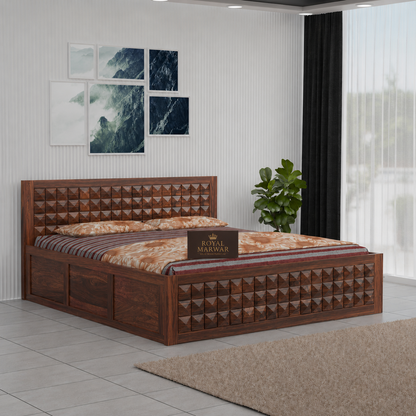 Premium Solid Wood King Size Bed with 3D Geometric Pyramid Panel Design
