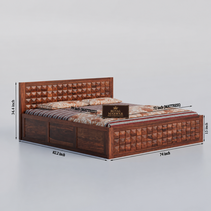 Royal Marwar Sheesham Wood Bed with Storage Box | Diamond Design Headboard | Wooden Double Bed for Bedroom