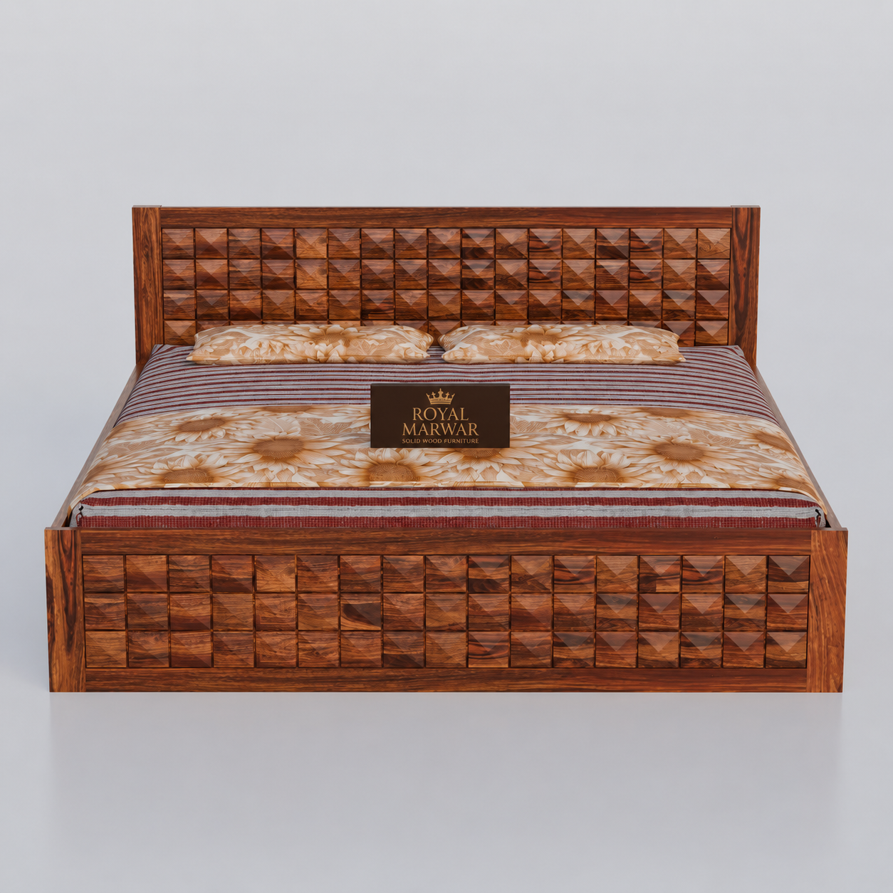 Royal Marwar Sheesham Wood Bed with Storage Box | Diamond Design Headboard | Wooden Double Bed for Bedroom