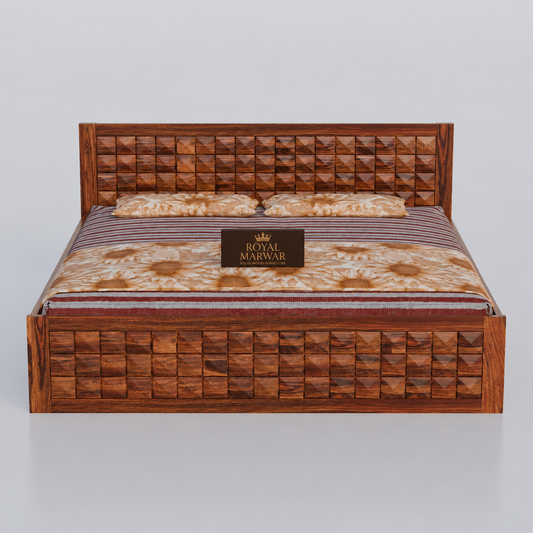 Royal Marwar Sheesham Wood Bed with Storage Box | Diamond Design Headboard | Wooden Double Bed for Bedroom