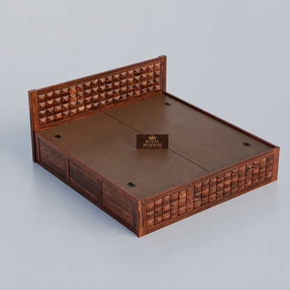Premium Solid Wood King Size Bed with 3D Geometric Pyramid Panel Design