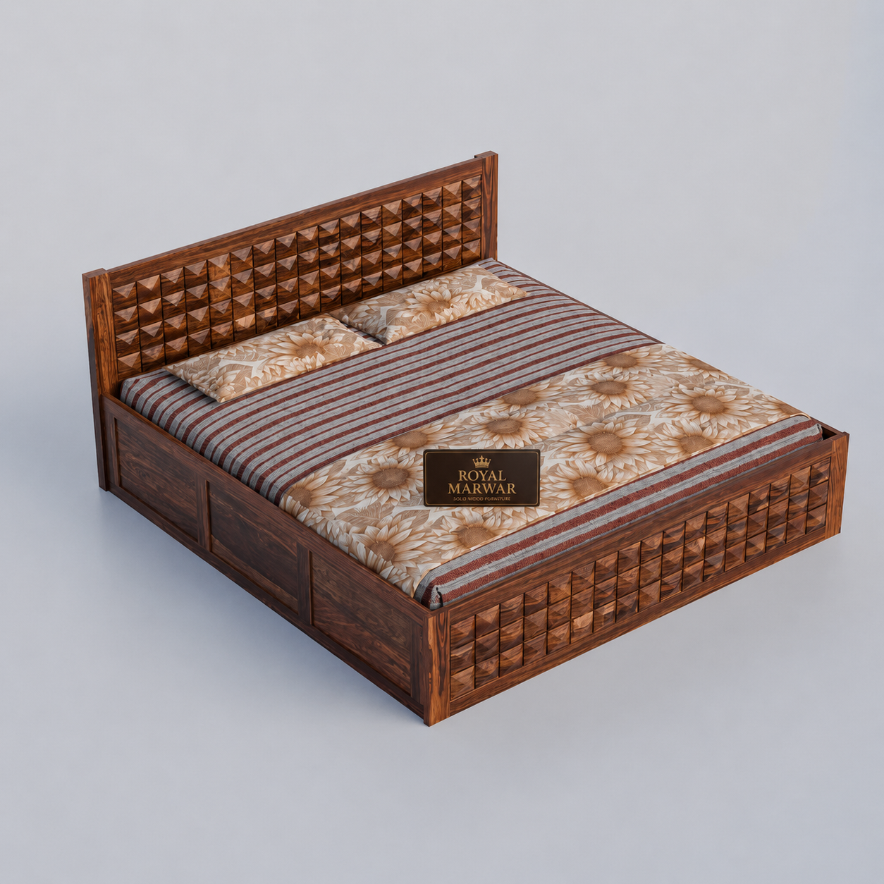 Premium Solid Wood King Size Bed with 3D Geometric Pyramid Panel Design