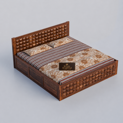 Premium Solid Wood King Size Bed with 3D Geometric Pyramid Panel Design