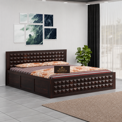 Premium Solid Wood King Size Bed with 3D Geometric Pyramid Panel Design