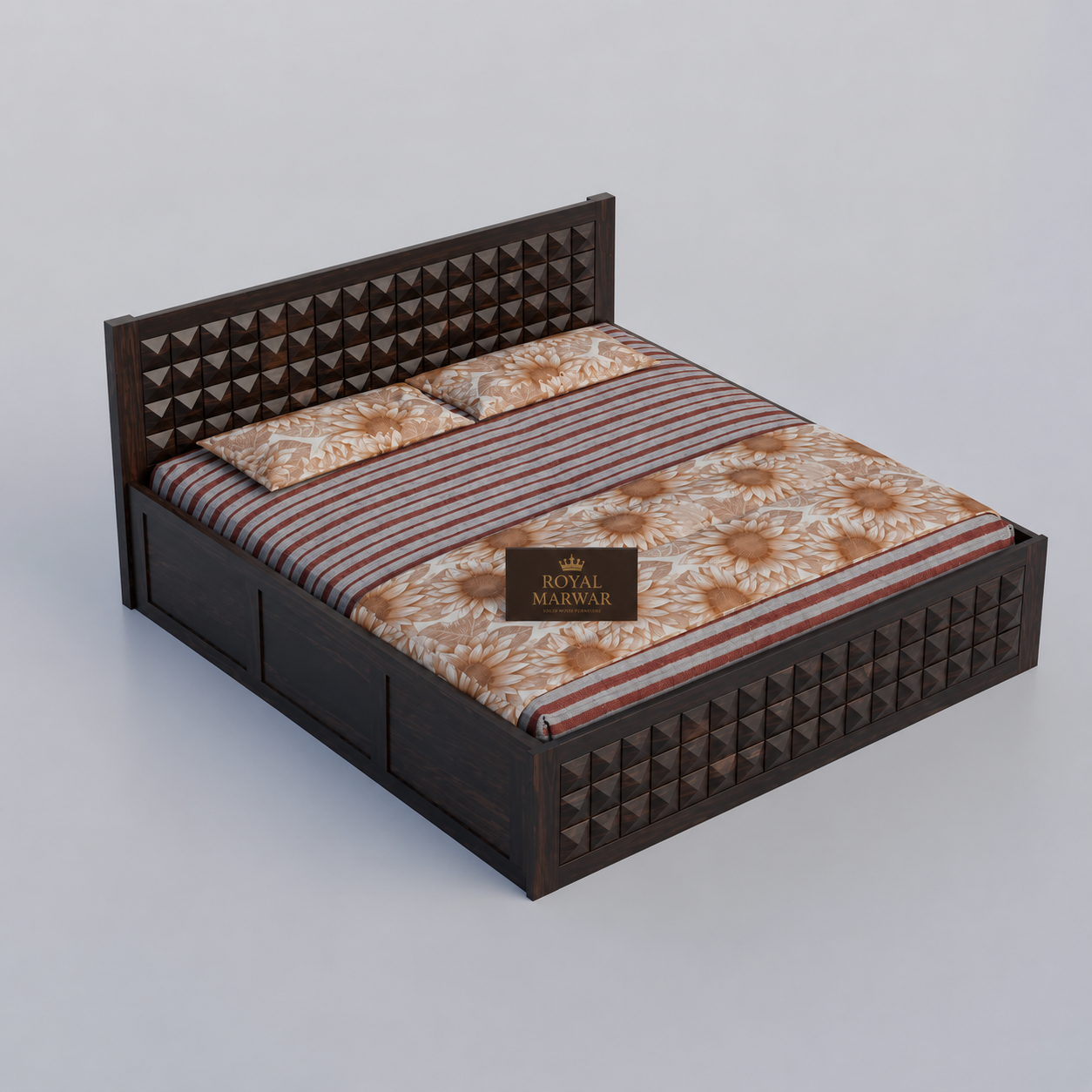 Royal Marwar Sheesham Wood Bed with Storage Box | Diamond Design Headboard | Wooden Double Bed for Bedroom