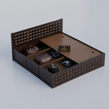 Premium Solid Wood King Size Bed with 3D Geometric Pyramid Panel Design
