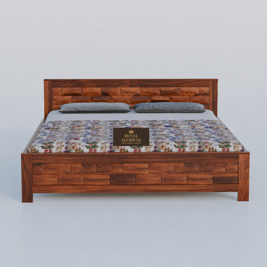 Premium Solid Wood King Size Bed with Artistic Geometric Panel Design