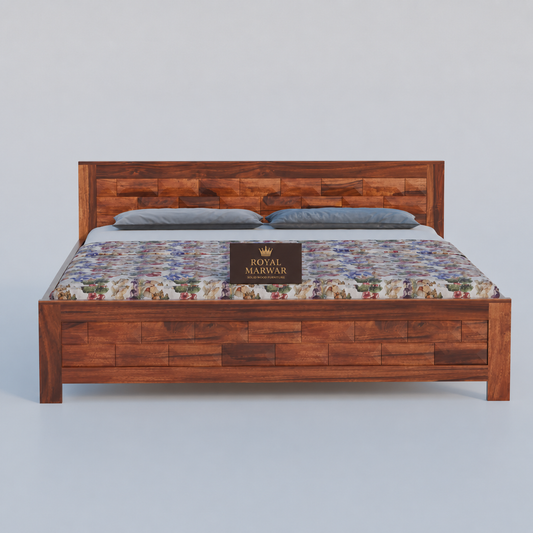 Premium Solid Wood King Size Bed with Artistic Geometric Panel Design