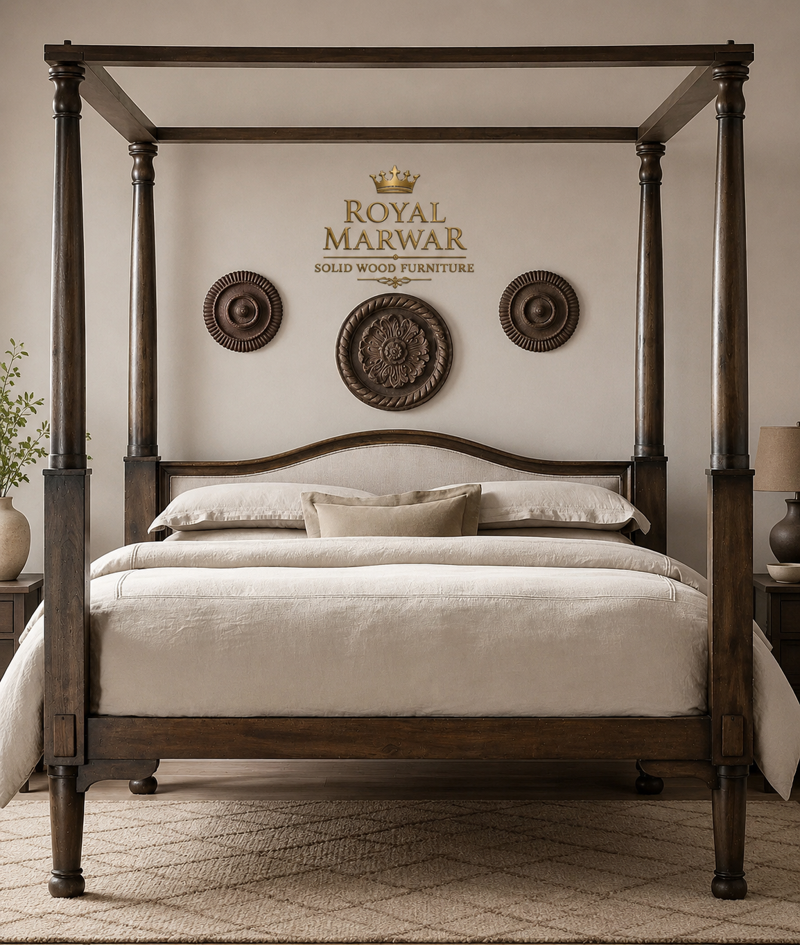 Royal Marwar Solid Sheesham Wood Four Poster Bed | King & California King | Premium Solid Wood Bed | Walnut Finish
