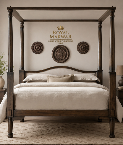 Royal Marwar Solid Sheesham Wood Four Poster Bed | King & California King | Premium Solid Wood Bed | Walnut Finish