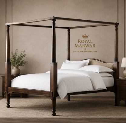 Royal Marwar Solid Sheesham Wood Four Poster Bed | King & California King | Premium Solid Wood Bed | Walnut Finish