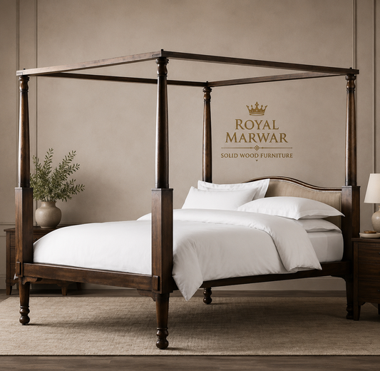 Royal Marwar Solid Sheesham Wood Four Poster Bed | King & California King | Premium Solid Wood Bed | Walnut Finish