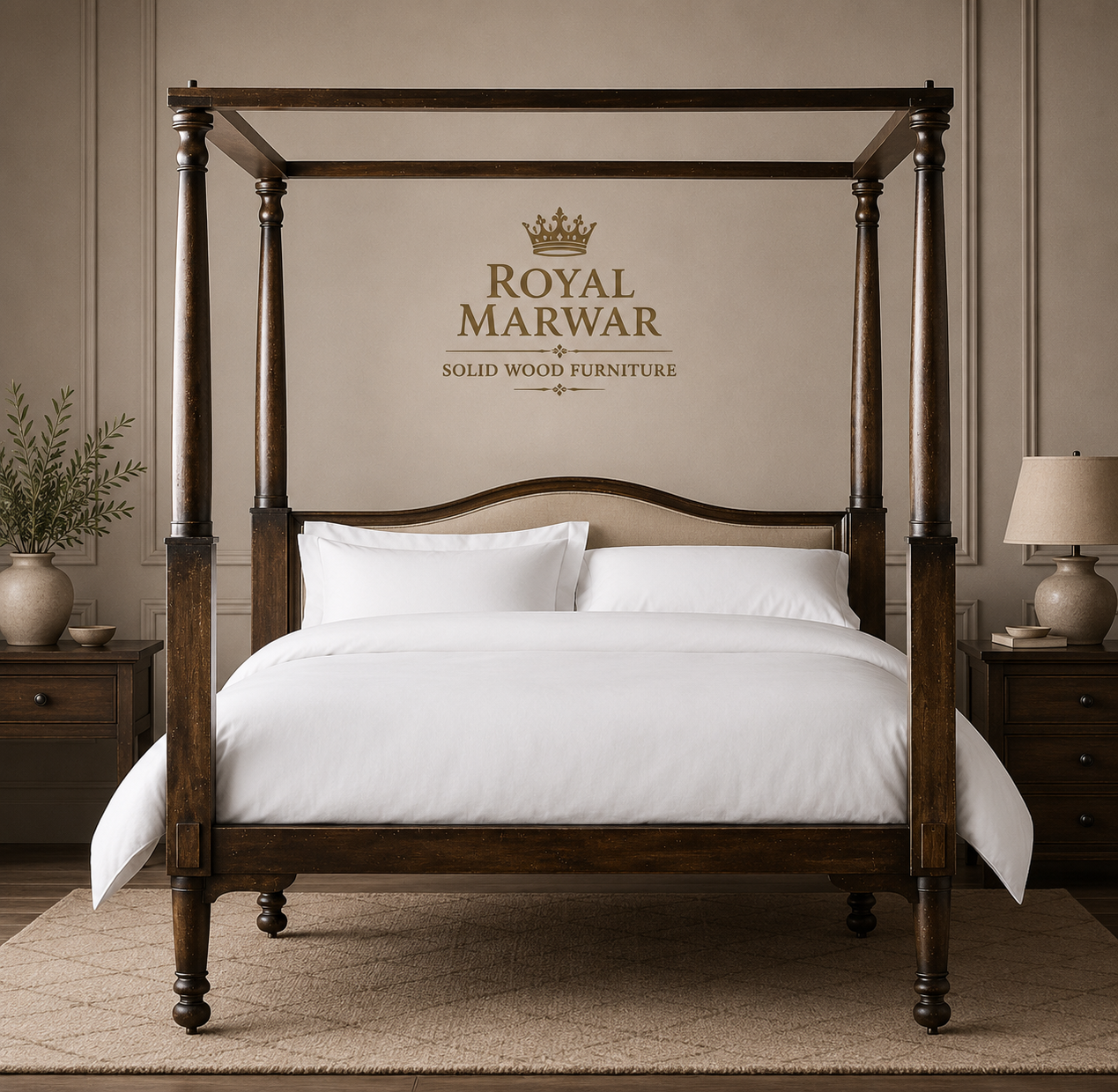 Royal Marwar Solid Sheesham Wood Four Poster Bed | King & California King | Premium Solid Wood Bed | Walnut Finish