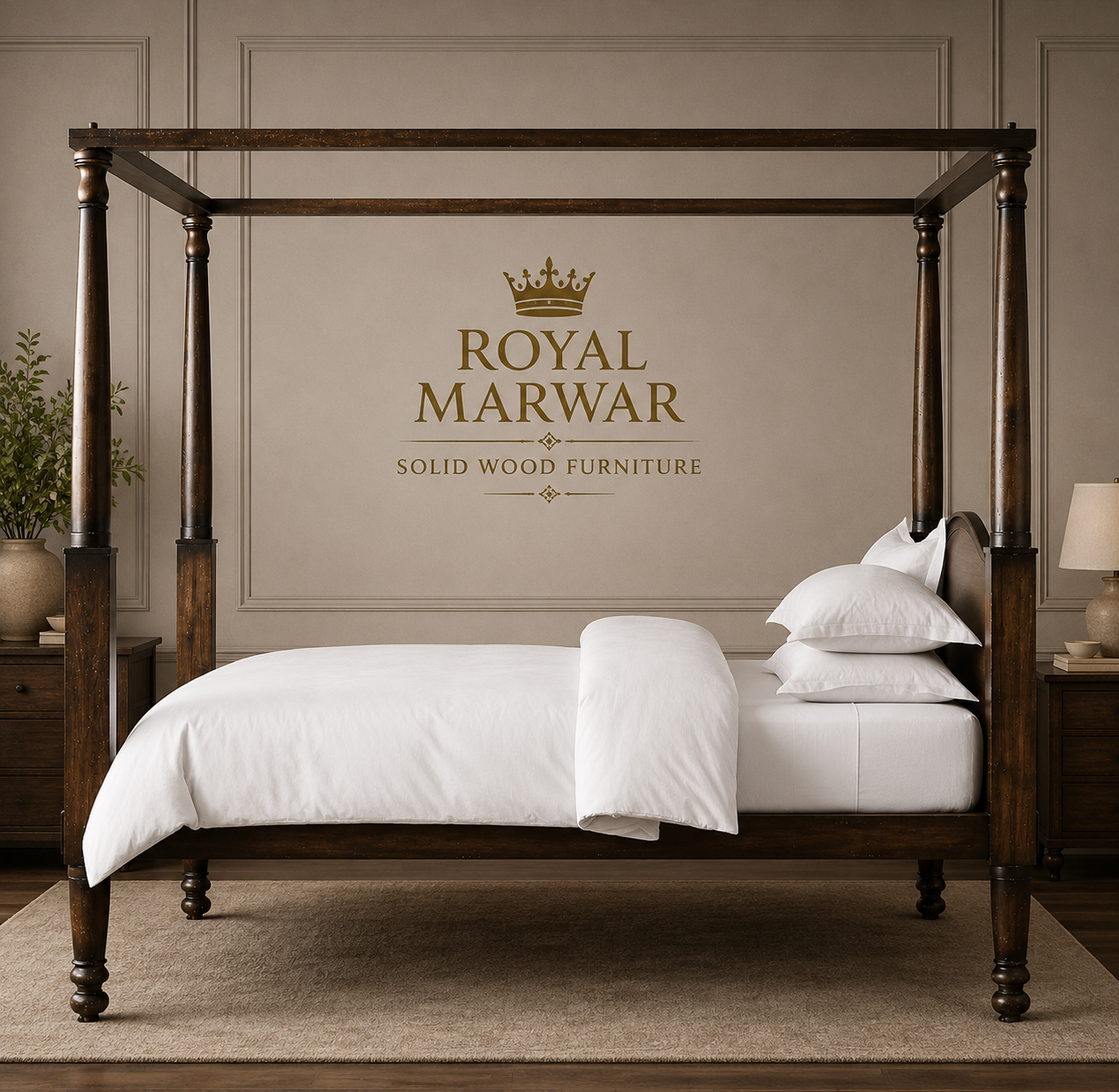 Royal Marwar Solid Sheesham Wood Four Poster Bed | King & California King | Premium Solid Wood Bed | Walnut Finish