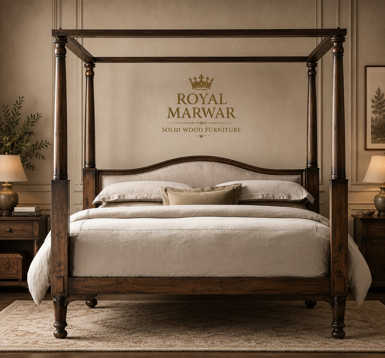 Royal Marwar Solid Sheesham Wood Four Poster Bed | King & California King | Premium Solid Wood Bed | Walnut Finish