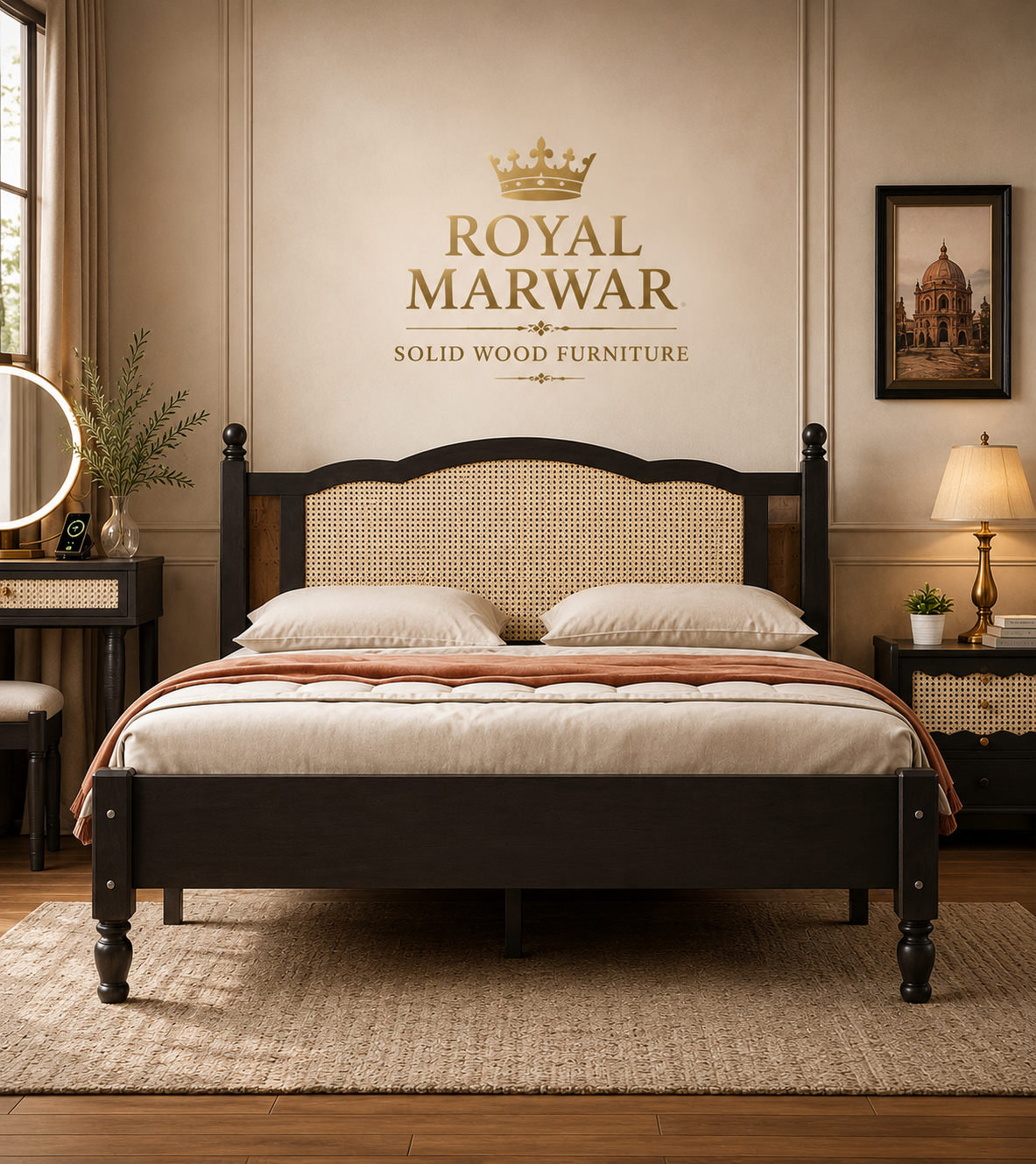 Royal Marwar Solid Sheesham Wood Cane Bed | Queen, King & California King Size | Premium Solid Wood Bed | Black Finish