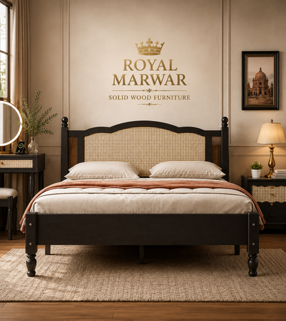 Royal Marwar Solid Sheesham Wood Cane Bed | Queen, King & California King Size | Premium Solid Wood Bed | Black Finish