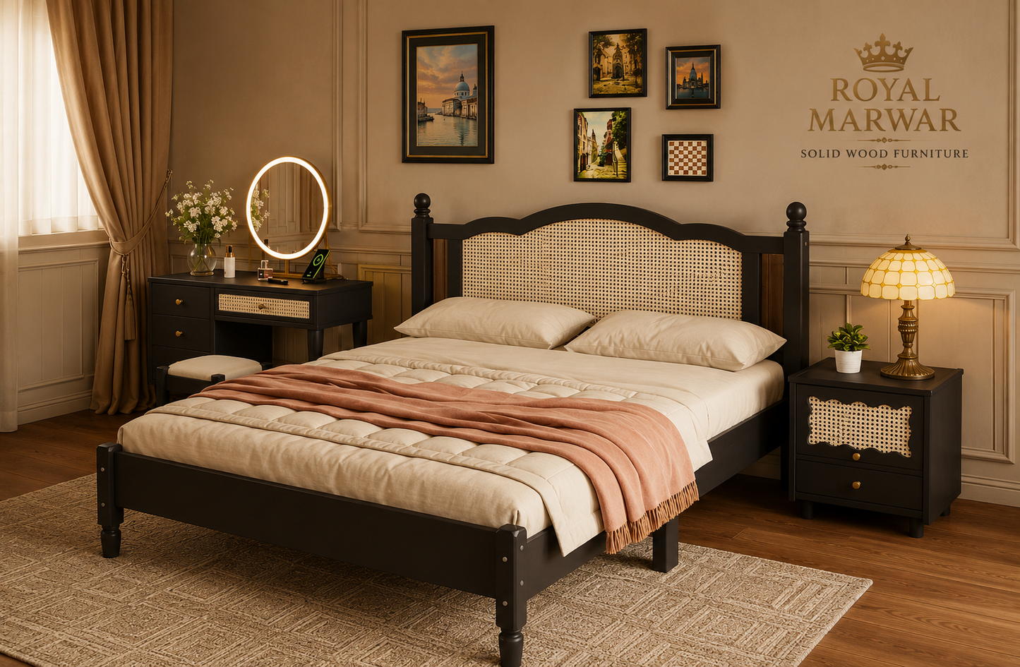 Royal Marwar Solid Sheesham Wood Cane Bed | Queen, King & California King Size | Premium Solid Wood Bed | Black Finish