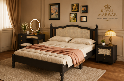 Royal Marwar Solid Sheesham Wood Cane Bed | Queen, King & California King Size | Premium Solid Wood Bed | Black Finish