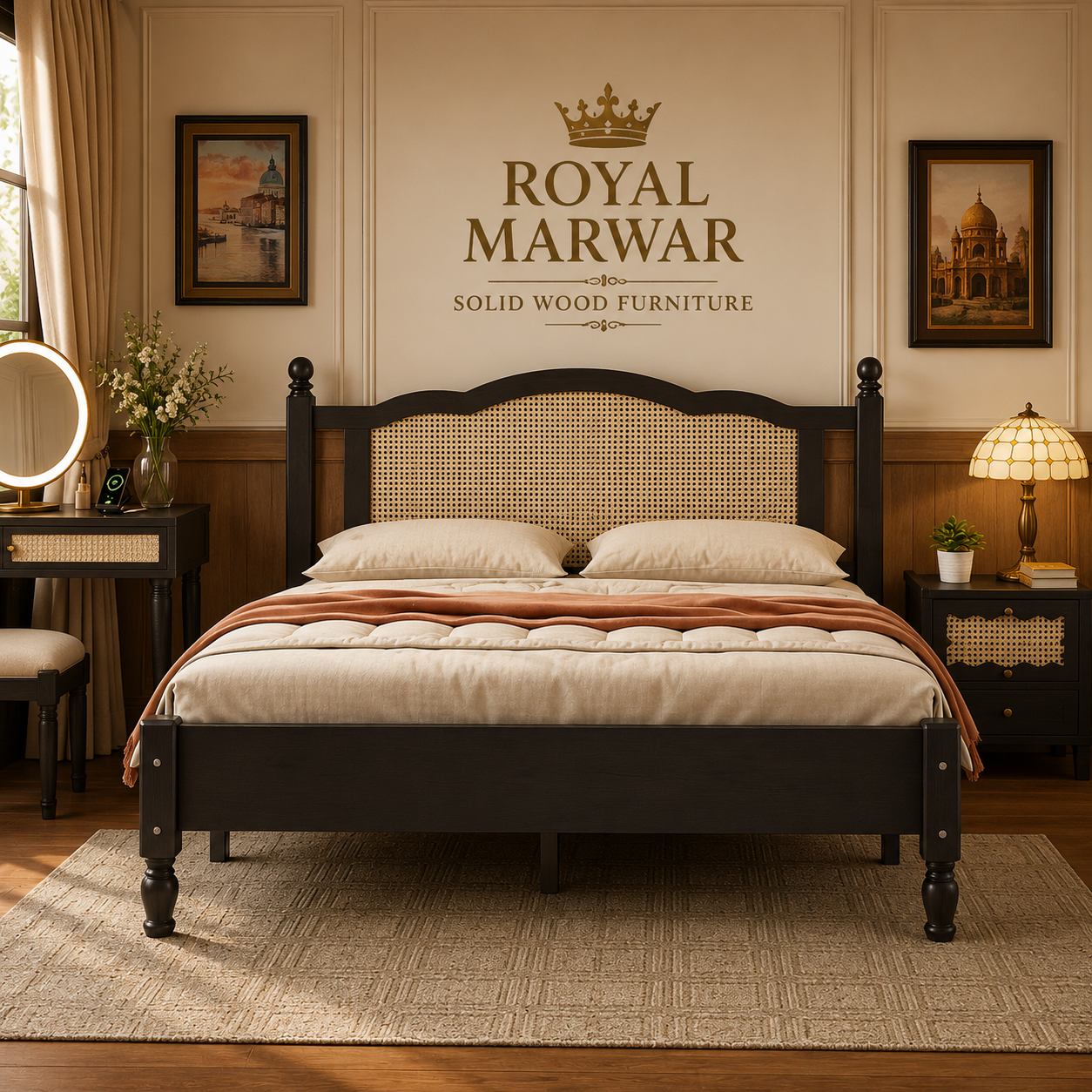 Royal Marwar Solid Sheesham Wood Cane Bed | Queen, King & California King Size | Premium Solid Wood Bed | Black Finish