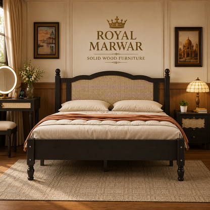 Royal Marwar Solid Sheesham Wood Cane Bed | Queen, King & California King Size | Premium Solid Wood Bed | Black Finish
