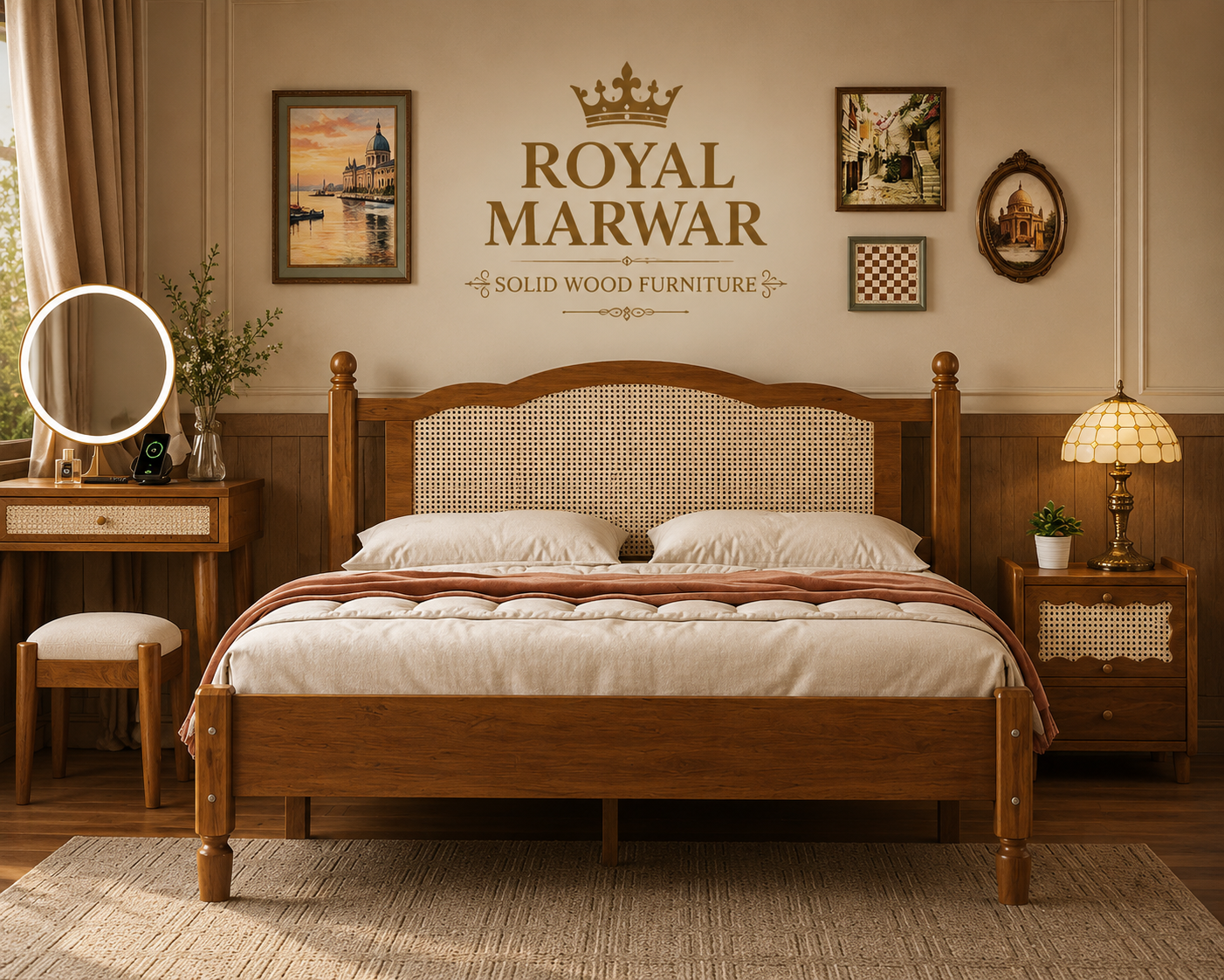 Royal Marwar Solid Sheesham Wood Cane Bed | Queen, King & California King Size | Premium Solid Wood Bed | Black Finish