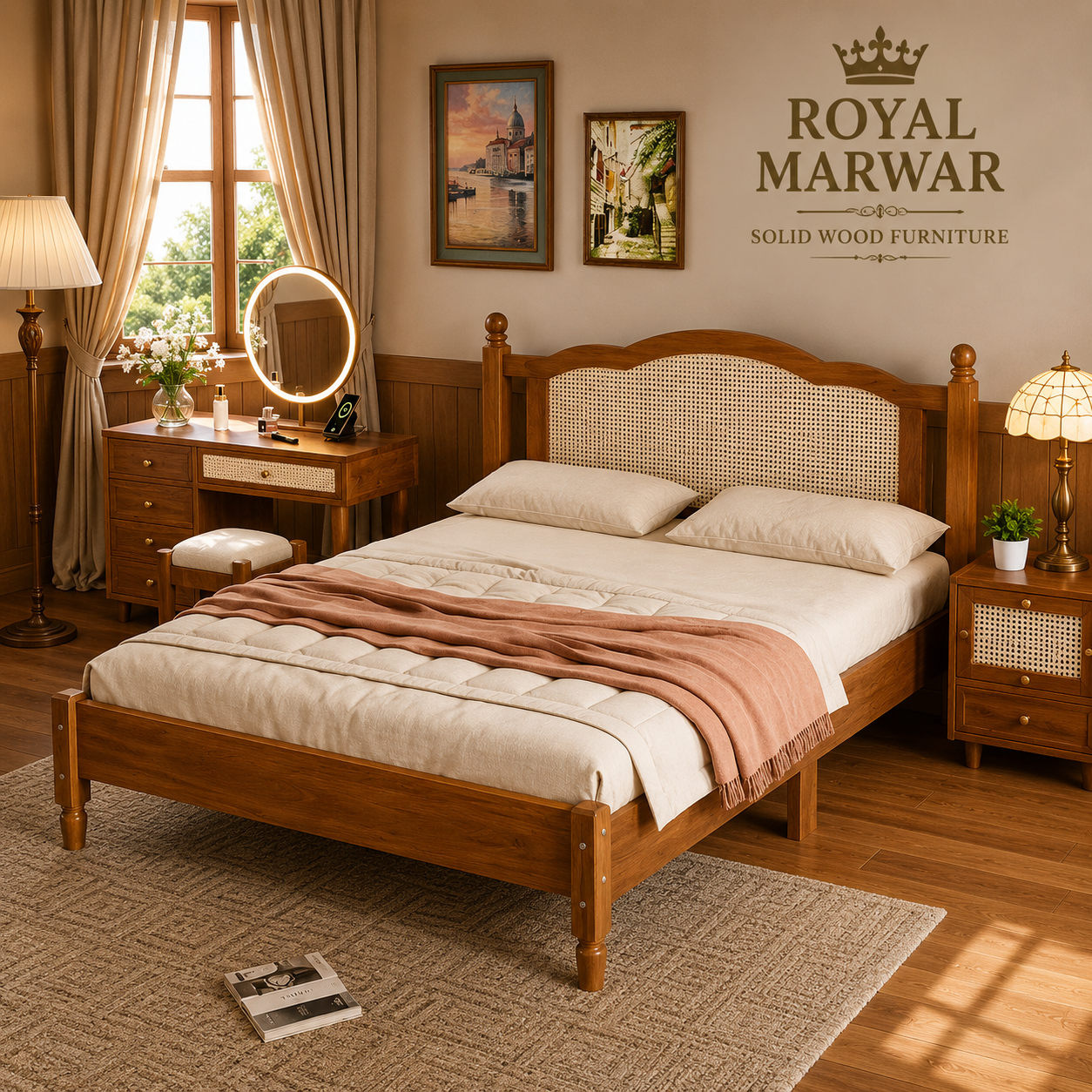 Royal Marwar Solid Sheesham Wood Cane Bed | Queen, King & California King Size | Premium Solid Wood Bed | Black Finish