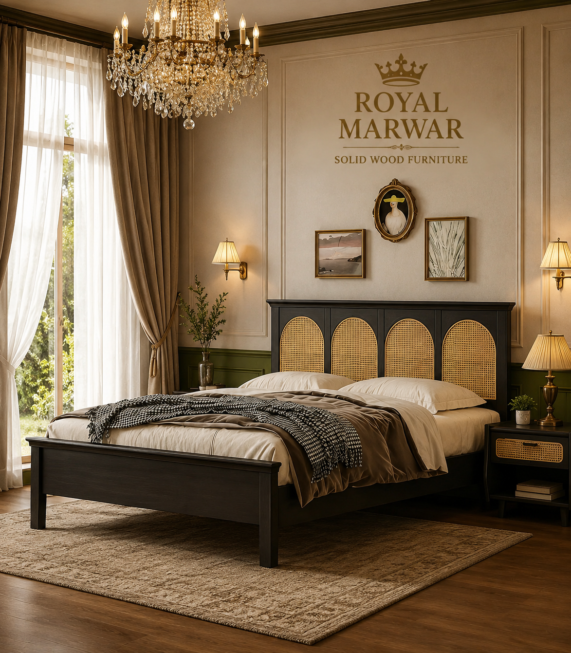 Royal Marwar Solid Sheesham Wood Cane Bed | Queen, King & California King | Black Finish