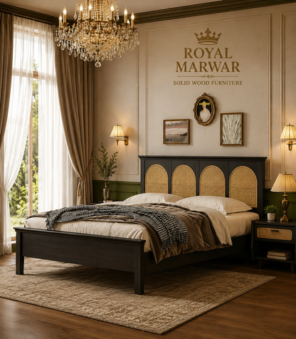 Royal Marwar Solid Sheesham Wood Cane Bed | Queen, King & California King | Black Finish
