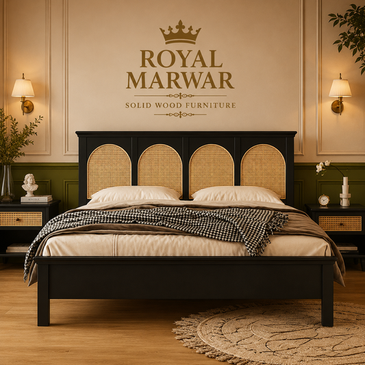 Royal Marwar Solid Sheesham Wood Cane Bed | Queen, King & California King | Black Finish