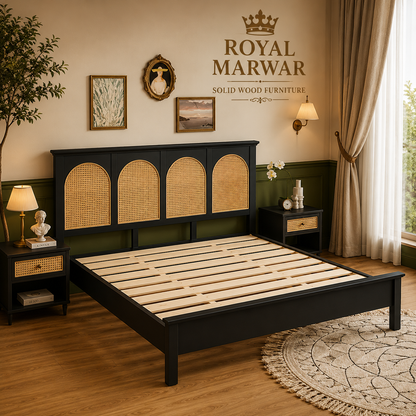 Royal Marwar Solid Sheesham Wood Cane Bed | Queen, King & California King | Black Finish