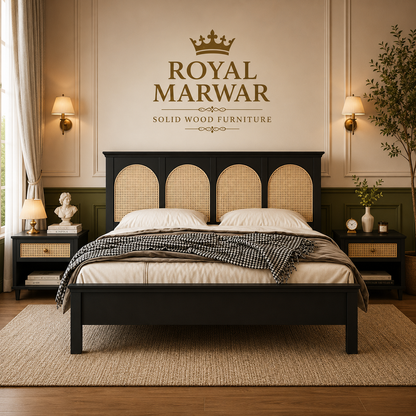 Royal Marwar Solid Sheesham Wood Cane Bed | Queen, King & California King | Black Finish