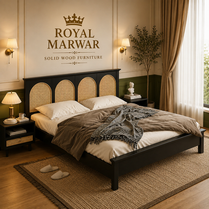 Royal Marwar Solid Sheesham Wood Cane Bed | Queen, King & California King | Black Finish