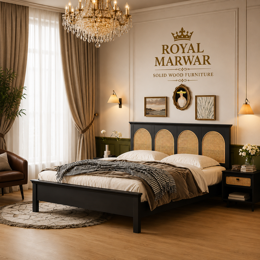 Royal Marwar Solid Sheesham Wood Cane Bed | Queen, King & California King | Black Finish