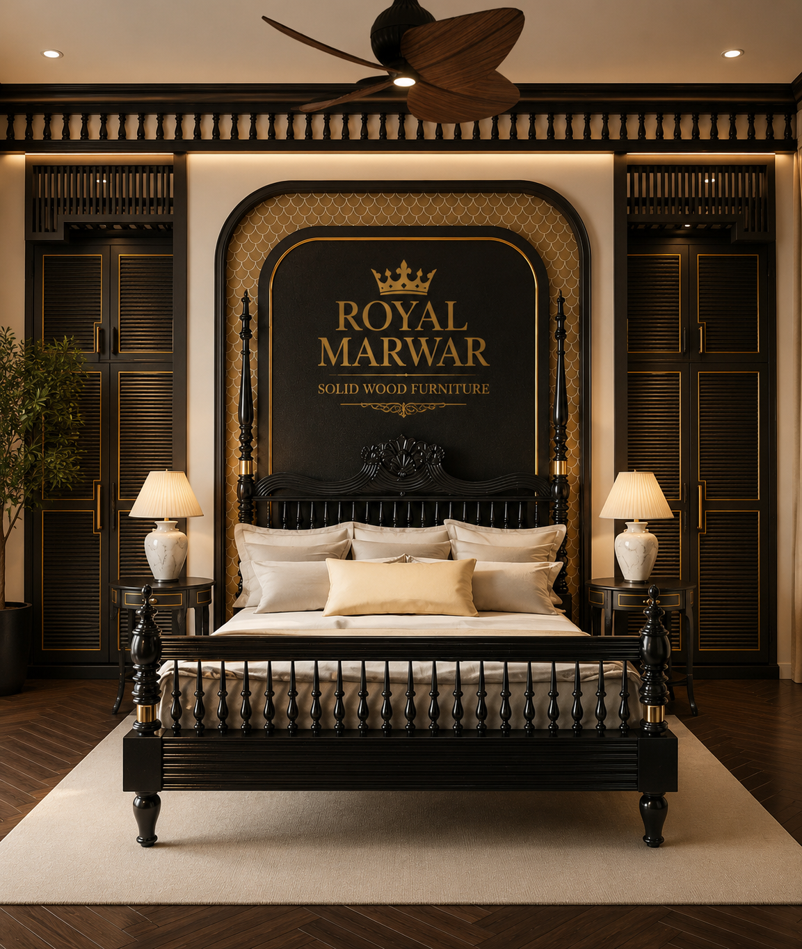 Royal Marwar Solid Sheesham Wood Luxury Bed | King & California King Size | Premium Solid Wood Bed Frame | Black Finish