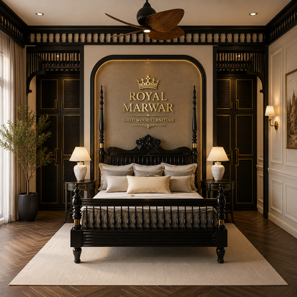 Royal Marwar Solid Sheesham Wood Luxury Bed | King & California King Size | Premium Solid Wood Bed Frame | Black Finish