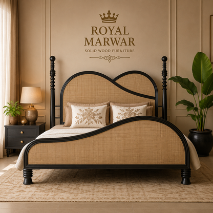 Royal Marwar Solid Sheesham Wood Cane Bed | Queen, King & California King | Premium Black Finish | Luxury Solid Wood Bed Frame