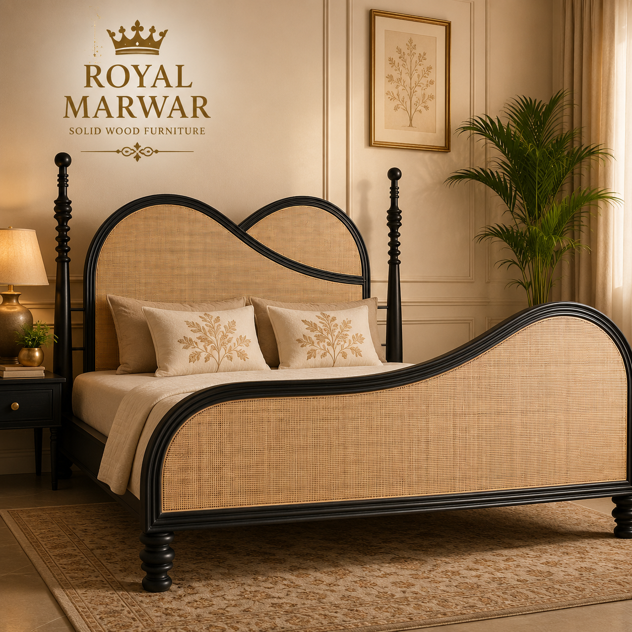 Royal Marwar Solid Sheesham Wood Cane Bed | Queen, King & California King | Premium Black Finish | Luxury Solid Wood Bed Frame