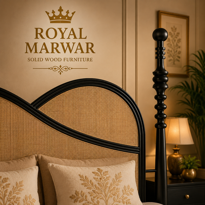 Royal Marwar Solid Sheesham Wood Cane Bed | Queen, King & California King | Premium Black Finish | Luxury Solid Wood Bed Frame