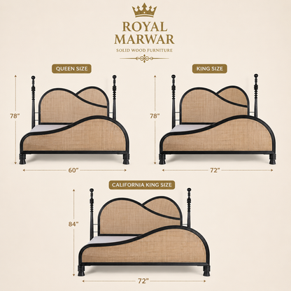 Royal Marwar Solid Sheesham Wood Cane Bed | Queen, King & California King | Premium Black Finish | Luxury Solid Wood Bed Frame