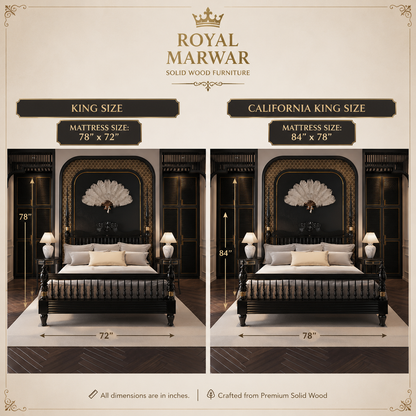 Royal Marwar Solid Sheesham Wood Luxury Bed | King & California King Size | Premium Solid Wood Bed Frame | Black Finish