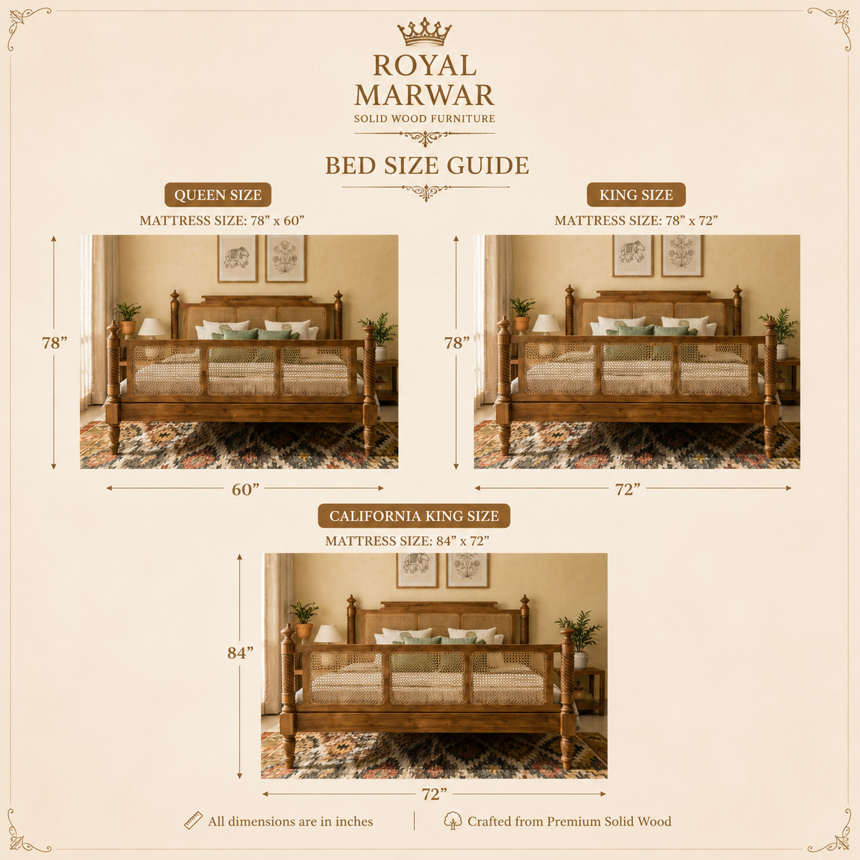 Royal Marwar Solid Sheesham Wood Cane Bed | Queen, King & California King | Handcrafted Solid Wood Bed | Honey Finish