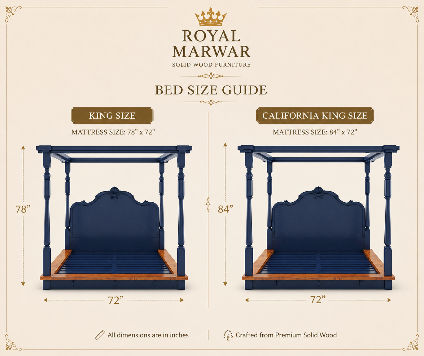 Royal Marwar Solid Sheesham Wood Four Poster Bed | King & California King Size | Luxury Canopy Bed | Premium Solid Wood Bed Frame