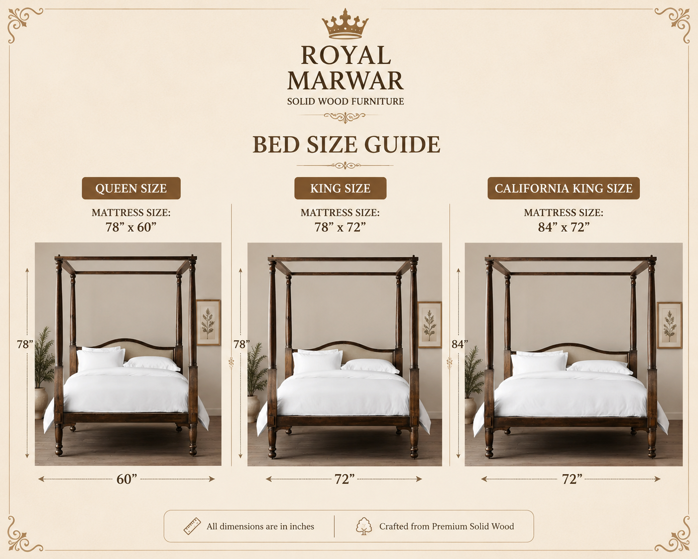 Royal Marwar Solid Sheesham Wood Four Poster Bed | King & California King | Premium Solid Wood Bed | Walnut Finish