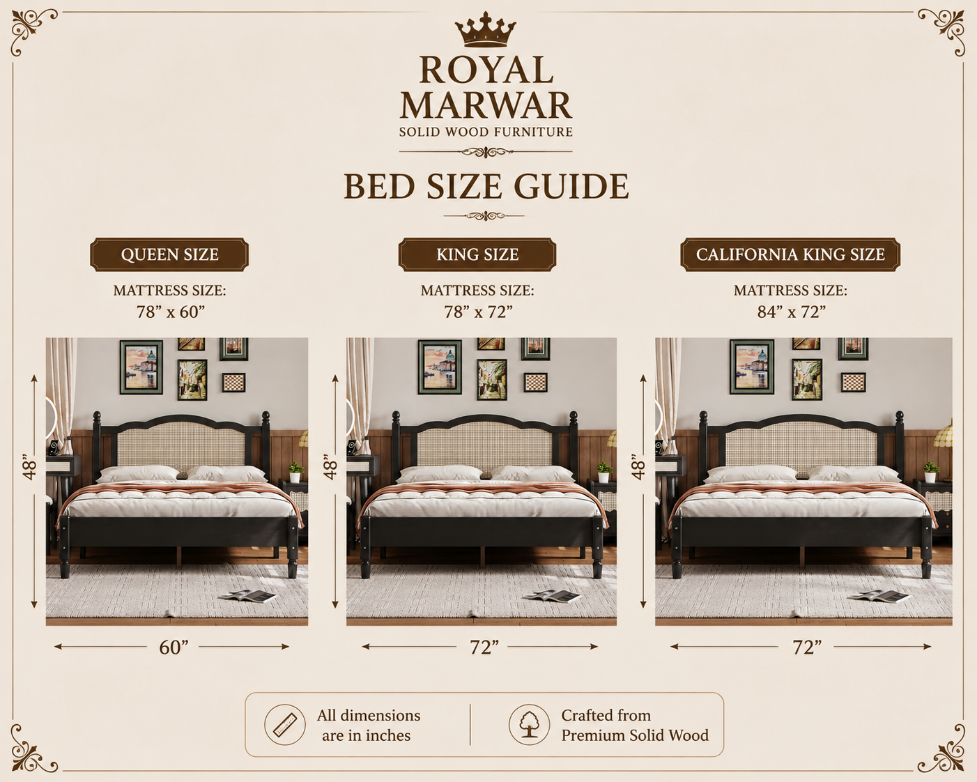 Royal Marwar Solid Sheesham Wood Cane Bed | Queen, King & California King Size | Premium Solid Wood Bed | Black Finish