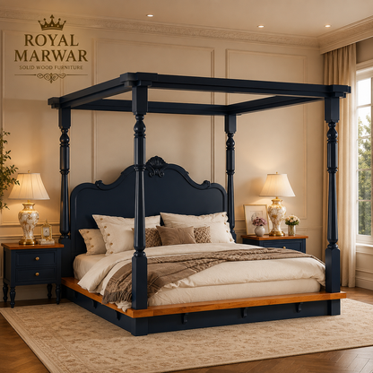 Royal Marwar Solid Sheesham Wood Four Poster Bed | King & California King Size | Luxury Canopy Bed | Premium Solid Wood Bed Frame